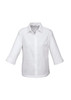 A white women's 3/4 sleeve button-up shirt with a collar and rolled sleeves, featuring a small logo.