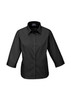 A dark black women's 3/4 sleeve button-up shirt with a collared neckline and a logo on the chest.