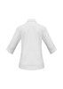 A white women's 3/4 sleeve button-up shirt featuring a rear view design and a logo.