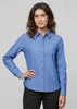 A women's long sleeve chambray button-up shirt in a light blue colour, featuring a collar and a single chest pocket.