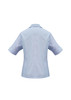 A light blue women's button-up shirt with short sleeves and a back view. Features a logo on the upper back.