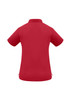 A red women's short sleeve polo shirt with a collar and side slits. It features a logo on the back.