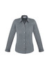 A grey long sleeve button-up shirt for women with a slender fit and a collar. It features a logo.