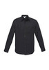 A black long sleeve button-up shirt featuring two chest pockets and a logo.
