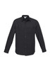 A black long sleeve button-up shirt featuring two chest pockets and a logo.