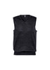 A dark grey men's vest with a V-neck design, featuring a ribbed hem and armholes, and has a logo.