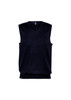 A navy blue men's vest with a V-neck design and no sleeves, featuring a logo on the neckline.