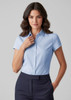 A light blue women's short sleeve button-up shirt, featuring a collar and a fitted design.