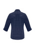 A navy blue women's button-up shirt with 3/4 sleeves and a checked pattern, featuring a logo.