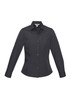 A women's long sleeve button-up shirt in dark grey, featuring two front pockets and a collar.