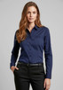 A long-sleeve navy button-up shirt for women, featuring a pocket and a logo on the chest area.