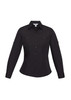 A women's black long sleeve button-up shirt featuring two chest pockets and a fitted design.