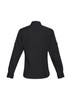 A women's black long sleeve button-up shirt featuring a classic collar and buttoned cuffs. It has branding on it.