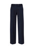 A pair of dark navy women's pants with a straight fit, featuring a waistband and button closure.