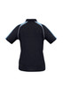 A black women's short sleeve polo shirt with light blue accents and a logo. The back view highlights the design and fit.