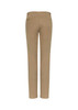 A pair of women's chino pants in a light tan colour, featuring a slim fit and pocket details, with a logo present.
