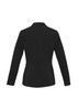 A black women's blazer with long sleeves and a tailored fit, featuring a collar and a brand logo.