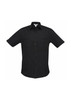 A black short sleeve button-up shirt featuring two chest pockets and a logo on the tag.