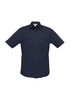 A navy blue short sleeve button-up shirt with two front pockets and a logo.