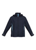 A unisex jacket in navy blue with light blue accents, featuring a hood and zip-up front, and has a logo.