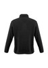 A black polar fleece jacket featuring a collar and long sleeves, with a simple design and branding on the back.