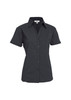 A women's short sleeve button-up shirt in black, featuring a classic collar and a button-front design.