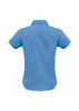 A women's short sleeve shirt in light blue with a curved hem and a collar, featuring a logo.