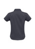 A women's short sleeve button-up shirt in dark grey with a fitted design and a collar. It features a logo.