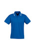 A blue short sleeve polo shirt with white accents and a collar, featuring a logo.