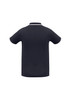 A navy blue men's short sleeve polo shirt featuring a contrasting collar and sleeve trim, with a logo displayed.