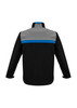 A unisex soft shell jacket in black, with grey and blue accents, featuring a logo on the back.