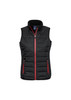 A black women's vest with a zip front, featuring red accents and side pockets. It has a high collar.