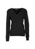 A black women's V-neck knit pullover with long sleeves and a fitted design. It features a logo on the label.