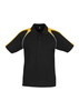 A black polo shirt with yellow accents on the shoulders and a collar, featuring a logo.