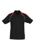 A black polo shirt with red shoulder accents and white detailing, featuring a collar and short sleeves.