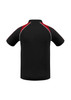 A black men’s polo shirt with red accents and a collar, featuring a logo on the chest.