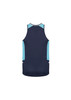 A navy blue singlet with light blue accents and a logo on the back. 