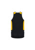 A black and yellow men's singlet featuring a logo, designed for athletic wear.