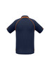 A navy blue short sleeve polo shirt featuring orange accents and a logo on the back.