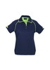 A navy blue women's polo shirt with lime green detailing and a logo on the chest.