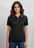 A black women's short sleeve polo shirt with green accents and a logo on it.