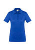 A blue women's short sleeve polo shirt with a collar and buttons, featuring a logo on the chest.