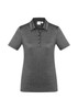 A women's polo shirt in dark grey, featuring short sleeves and a collar with buttons. Includes a logo on the front.