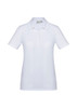 A white women's short sleeve polo shirt, featuring a front button placket and a logo on the chest.