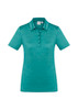A teal women's short sleeve polo shirt with a collar, featuring a logo on the chest.