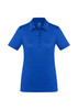 A blue women's polo shirt with short sleeves and a collared neck, featuring a logo on the chest area.