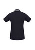 A black women's polo shirt featuring short sleeves and a contrasting collar. The back view includes a logo.
