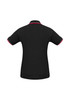 A black women's polo shirt with short sleeves and contrasting collar and sleeve detailing. Features a logo.