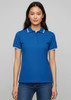 A women's short sleeve polo in vibrant blue with contrasting white stripes on the collar and sleeves.