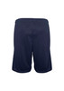 Navy sports shorts featuring an elastic waistband and a simple design, with a branding logo present.